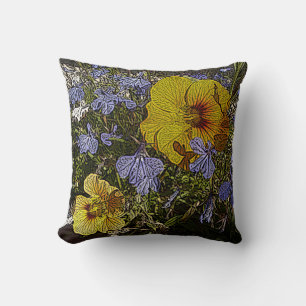 design with lots of yellow blue and white flowers cushion