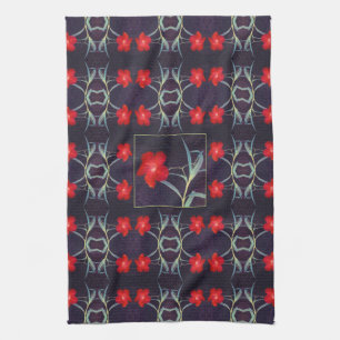 Design with Red Flowers and Leaves Tea Towel