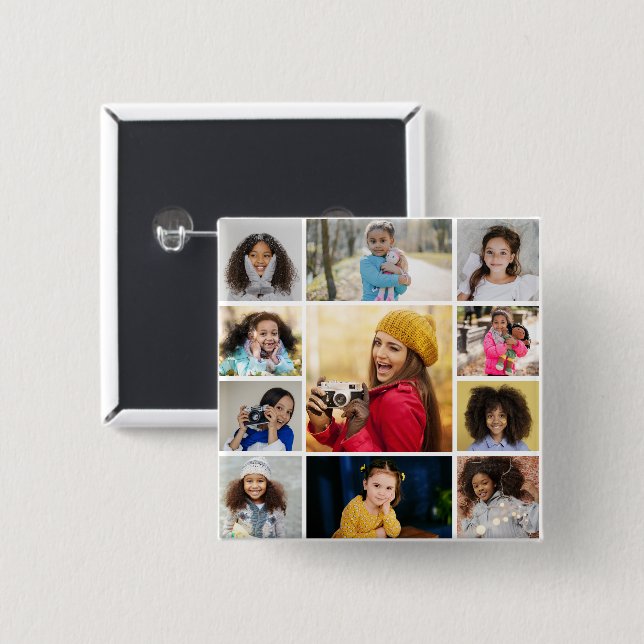 Design Your Own 11 Photo Collage 15 Cm Square Badge (Front & Back)