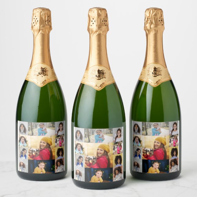 Design Your Own 11 Photo Collage Sparkling Wine Label (Bottles)