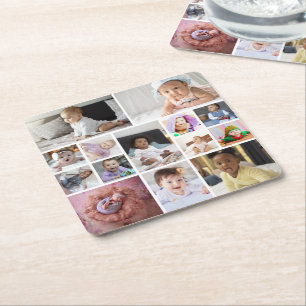 Design Your Own 14 Photo Collage Square Paper Coaster
