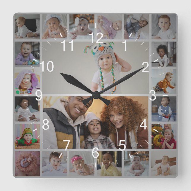 Design Your Own 22 Photo Collage Square Wall Clock (Front)