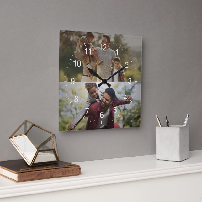 Design Your Own 2 Photo Collage Square Wall Clock (Office)