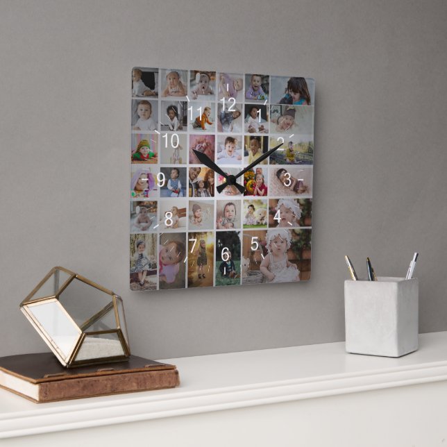 Design Your Own 35 Photo Collage Square Wall Clock (Office)