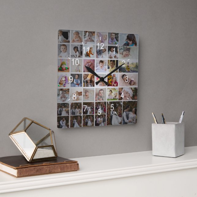 Design Your Own 40 Photo Collage Square Wall Clock (Office)
