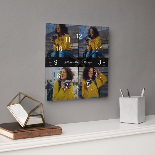 Design Your Own 4 Photo Collage Square Wall Clock (Office)