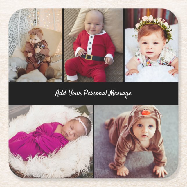 Design Your Own 5 Photo Collage Square Paper Coaster (Front)