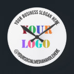 Design Your Own Branded Logo Social Media Clock<br><div class="desc">Custom Fonts and Colors - Design Your Own Personalized Clocks example with Your Company Logo and Social Media , Slogan or Custom Text Branded Business Promotional Wall Clocks template / Corporate Gifts - Add Your Logo - Image - Photo or QR Code / and Business Slogan - Tagline - Name...</div>