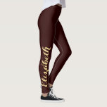 Design Your Own Brown Gold Stylish Personalised Leggings<br><div class="desc">Custom, personalised, beautiful, elegant faux gold on dark brown typography script, cool, chic, stylish, modern, trendy, breatheable, hand sewn, womens full length fashion travel party workout sports yoga gym running leggings pants, that stretches to fit your body, hugs in all the right places, bounces back after washing, and doesn't lose...</div>