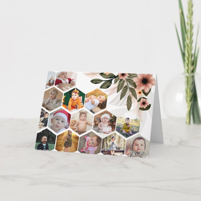 Design Your Own Floral 15 Photo Collage Holiday Card (Front)