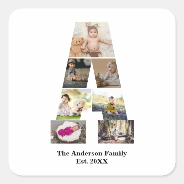 Design Your Own Letter A Photo Collage Square Sticker (Front)