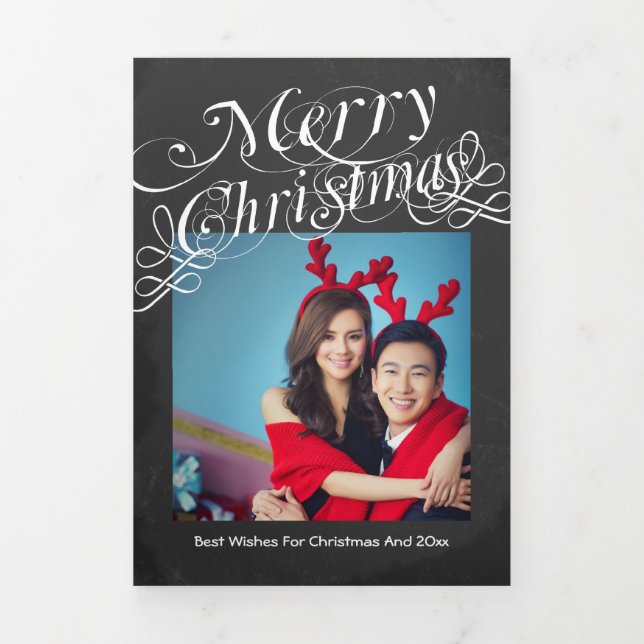 Design Your Own Ten Photo Collage Chalkboard Tri-Fold Holiday Card (Cover)
