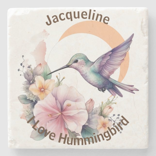 Design Your Own Watercolor Hummingbird Custom Name Stone Coaster (Front)