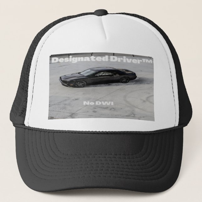 Designated Driver Dodge Challenger Black and White Trucker Hat (Front)