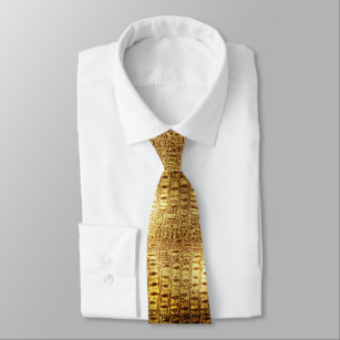 Designer Alligator Crocodile Skin Shiny Gold Brown Tie