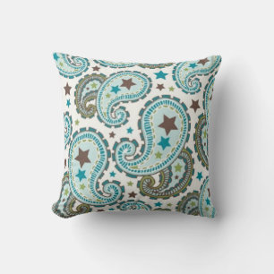 Designer Aqua and Sage Paisley Throw Pillow