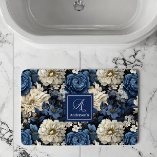 Designer Blue Flowers Personalised Bath Mat