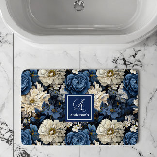 Designer Blue Flowers Personalised Bath Mat