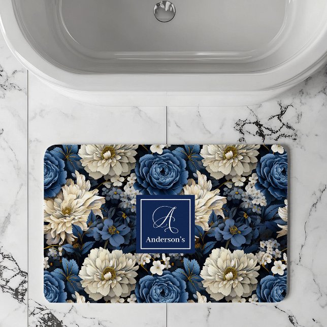 Designer Blue Flowers Personalised Bath Mat (Designer Blue Flowers Personalized Bath Mat)