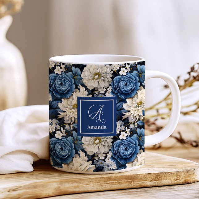 Designer Blue Flowers Personalised Coffee Mug (Designer Blue Flowers Personalized Coffee Mug)