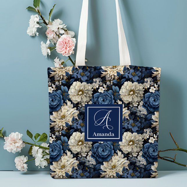 Designer Blue Flowers Personalised Tote Bag (Designer Blue Flowers Personalized Tote Bag)