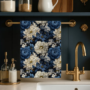 Designer Blue Ivory Floral Chic Kitchen Towel