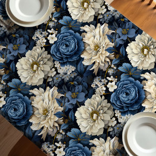 Designer Blue Ivory Floral Roses Chic Tablecloth