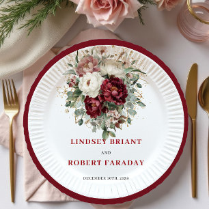 Designer Boho Burgundy Floral Greenery Gold Plates