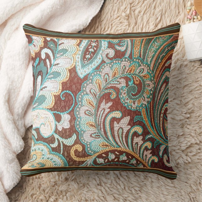 Designer Brocade in Brown, Teal and Gold  Cushion (Blanket)