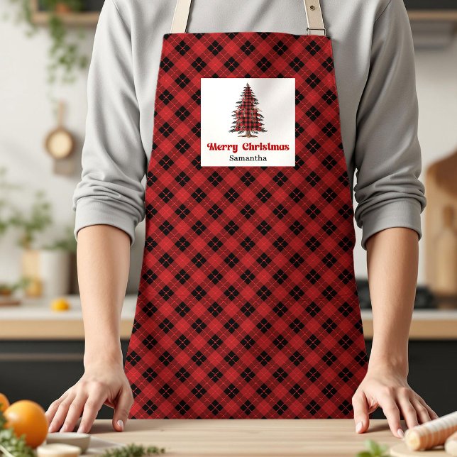Designer Buffalo Plaid Tree Custom Name Cooking  Apron (Designer Buffalo Plaid Tree Custom Name Cooking Apron)