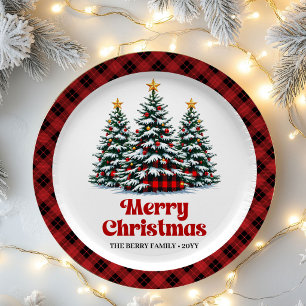 Designer Buffalo Plaid Tree Name Christmas Paper   Plate