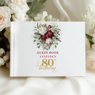 Designer Burgundy Floral 80th Birthday Guest Book