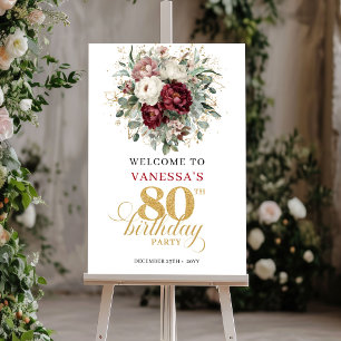 Designer Burgundy Floral 80th Birthday Welcome  Poster