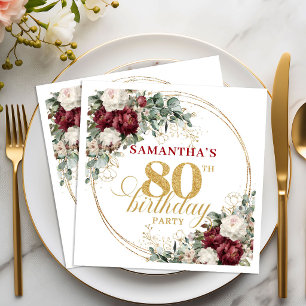 Designer Burgundy Floral Gold 80th Birthday Napkin
