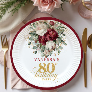 Designer Burgundy Floral Gold 80th Birthday Paper  Plate