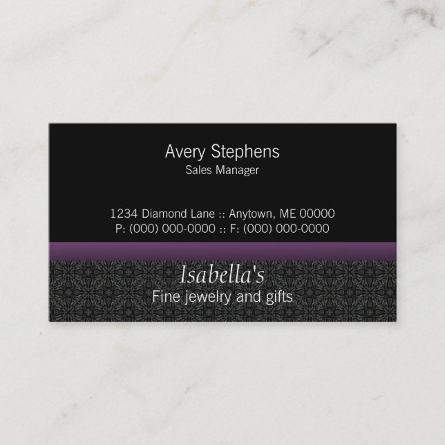 Designer Damask Business Card, Deep Violet Card (Front)