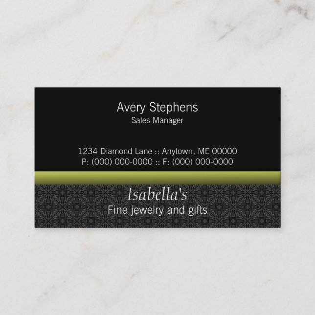 Designer Damask Business Card, Olive Green Business Card (Front)
