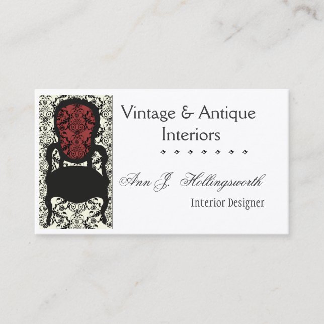 Designer Decorator Victorian Damask Floral  Chair Business Card (Front)