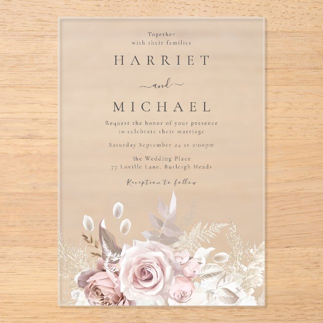 Designer Dusty Rose & Blush Floral Wedding Acrylic Invitations (Front)