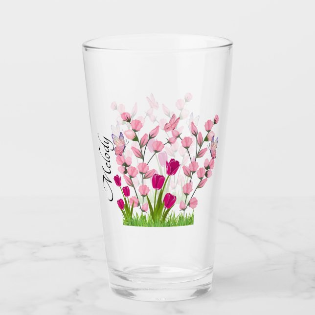 Designer Flowers & Butterflies Iced Glass Cup (Front)