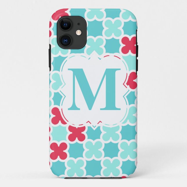 Designer Monogram Red & Blue Quatrefoil Pattern Case-Mate iPhone Case (Back)