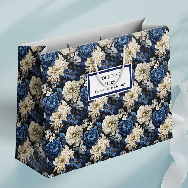 Designer Navy Blue Ivory Floral Chic Gift Bag (Designer Navy Blue Ivory Floral Chic Gift Bag)