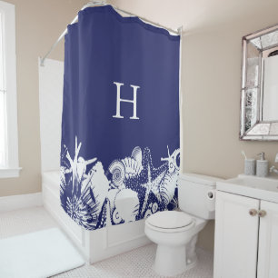 Designer Navy Blue & White Artsy Seashells Beach Shower Curtain