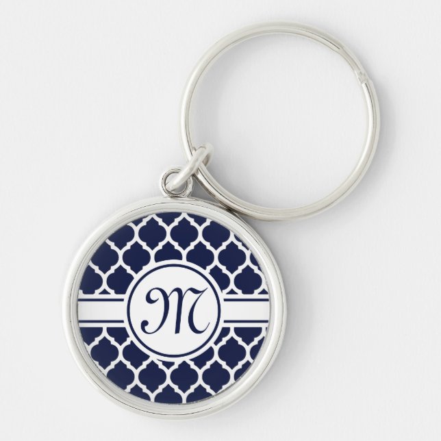 Designer Navy Monogrammed Moroccan Lattice Pattern Key Ring (Front)