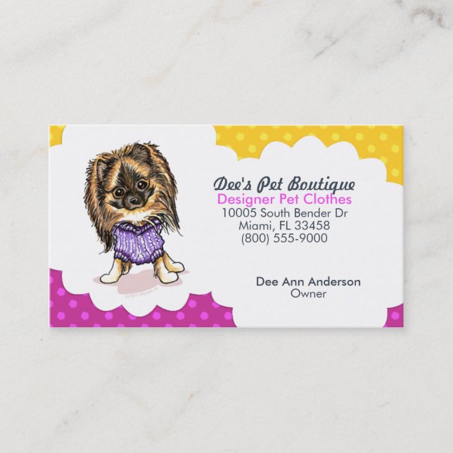 Designer Pet Store Boutique Pomeranian Plum Dots Business Card (Front)
