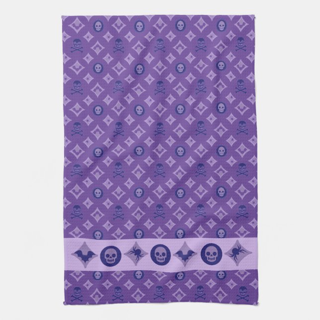 Designer Purple Halloween, Chic LV Skull Pattern Tea Towel (Vertical)