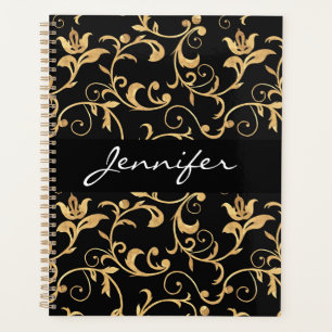 Designer Royal Black and Gold  Damask Personalised Planner