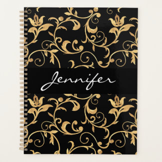 Designer Royal Black and Gold Damask Personalised Planner