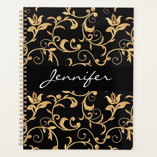 Designer Royal Black and Gold  Damask Personalised Planner (Front)