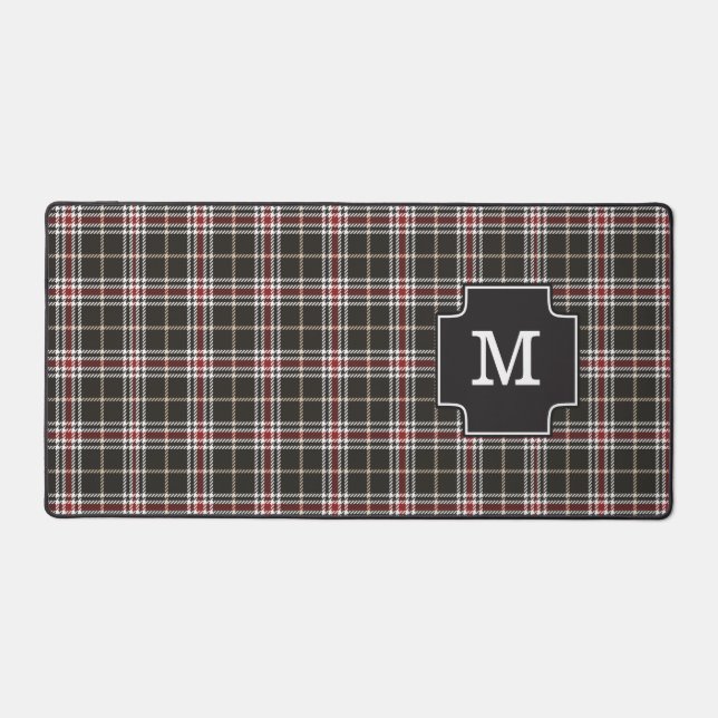 Designer Tartan Plaid Tan White Red Black Monogram Desk Mat (Front)